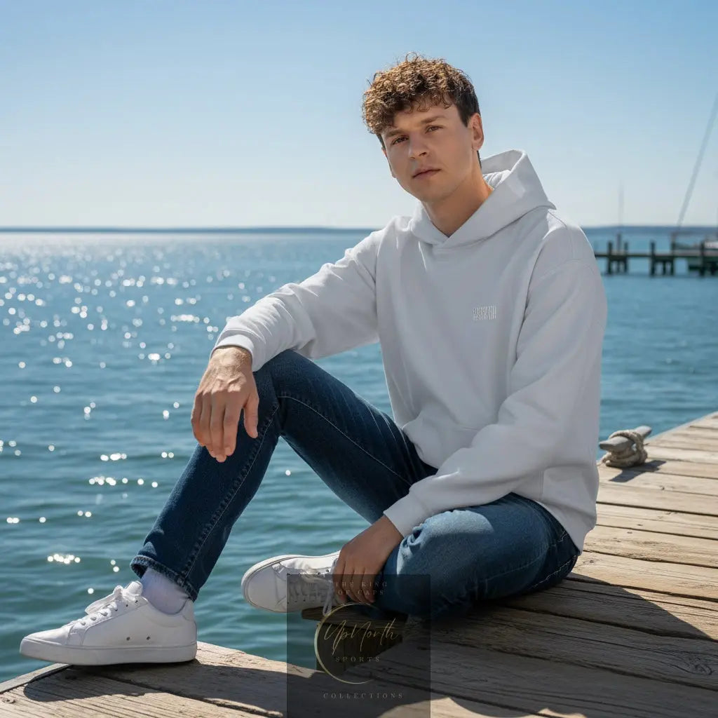 Male model wearing a White Paparazzi Avantgarde Powder White Hoodie - Paparazzi Original