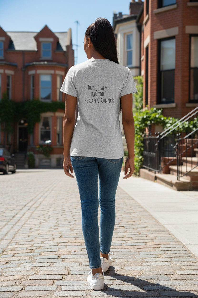 Woman model wearing a Brian DUDE Grey T-shirt showing backside - UpNorth SPORTS