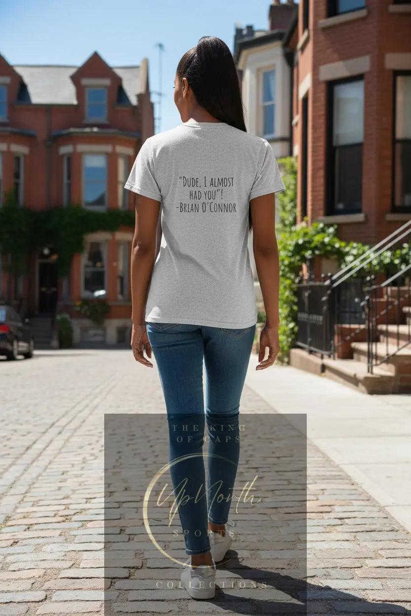 Woman model wearing a Brian DUDE Grey T-shirt showing backside - UpNorth SPORTS
