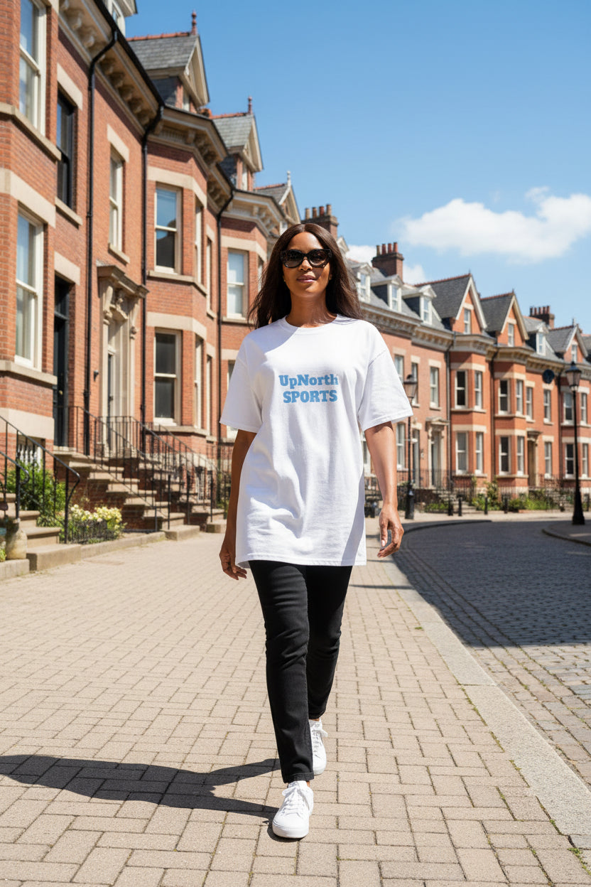 Woman model wearing an UpNorthSPORTS White Skyblue Champion T-shirt - UpNorth SPORTS