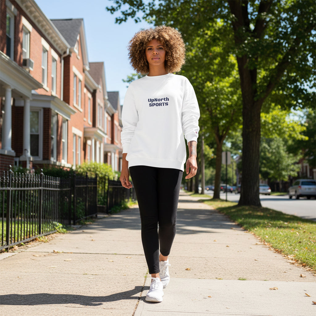 Woman wearing the Multiple Choice UpNorth SPORTS Champion Sweatshirt here in white