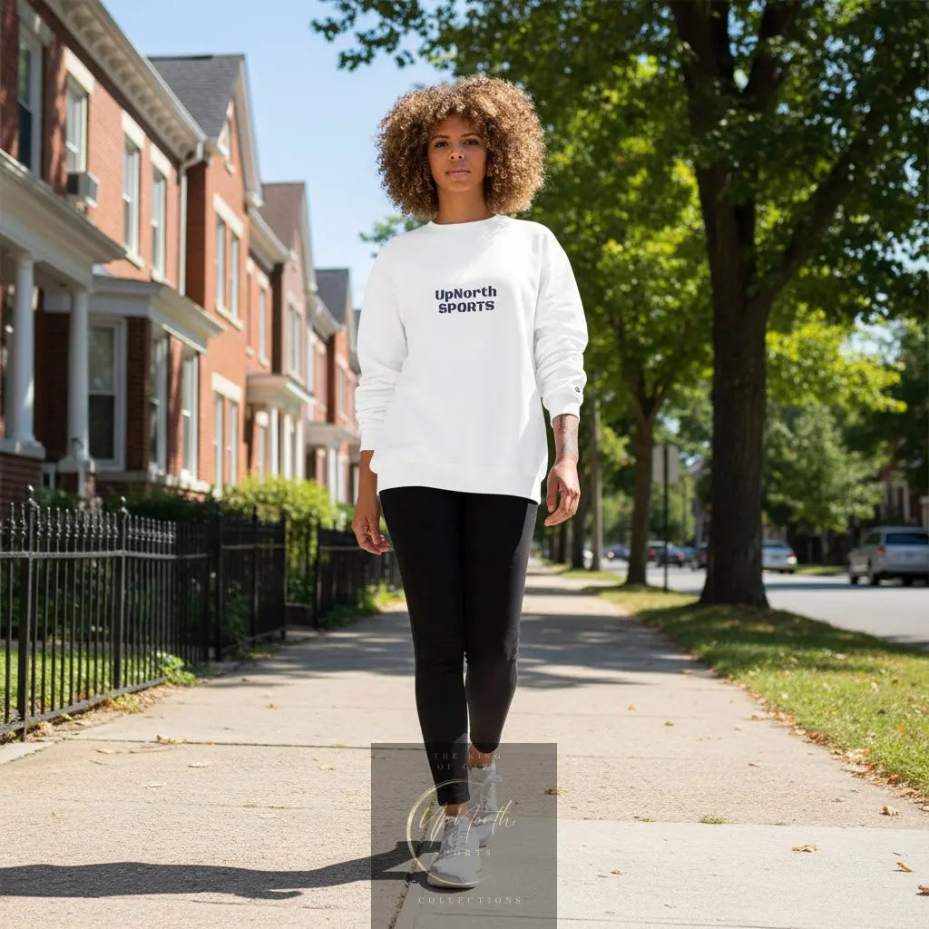 Woman wearing the Multiple Choice UpNorth SPORTS Champion Sweatshirt here in white - UpNorth SPORTS