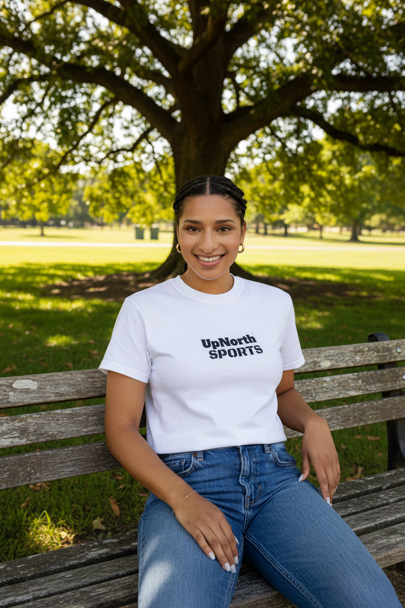 Woman model wearing a Black on White Unisex T-shirt - UpNorth SPORTS