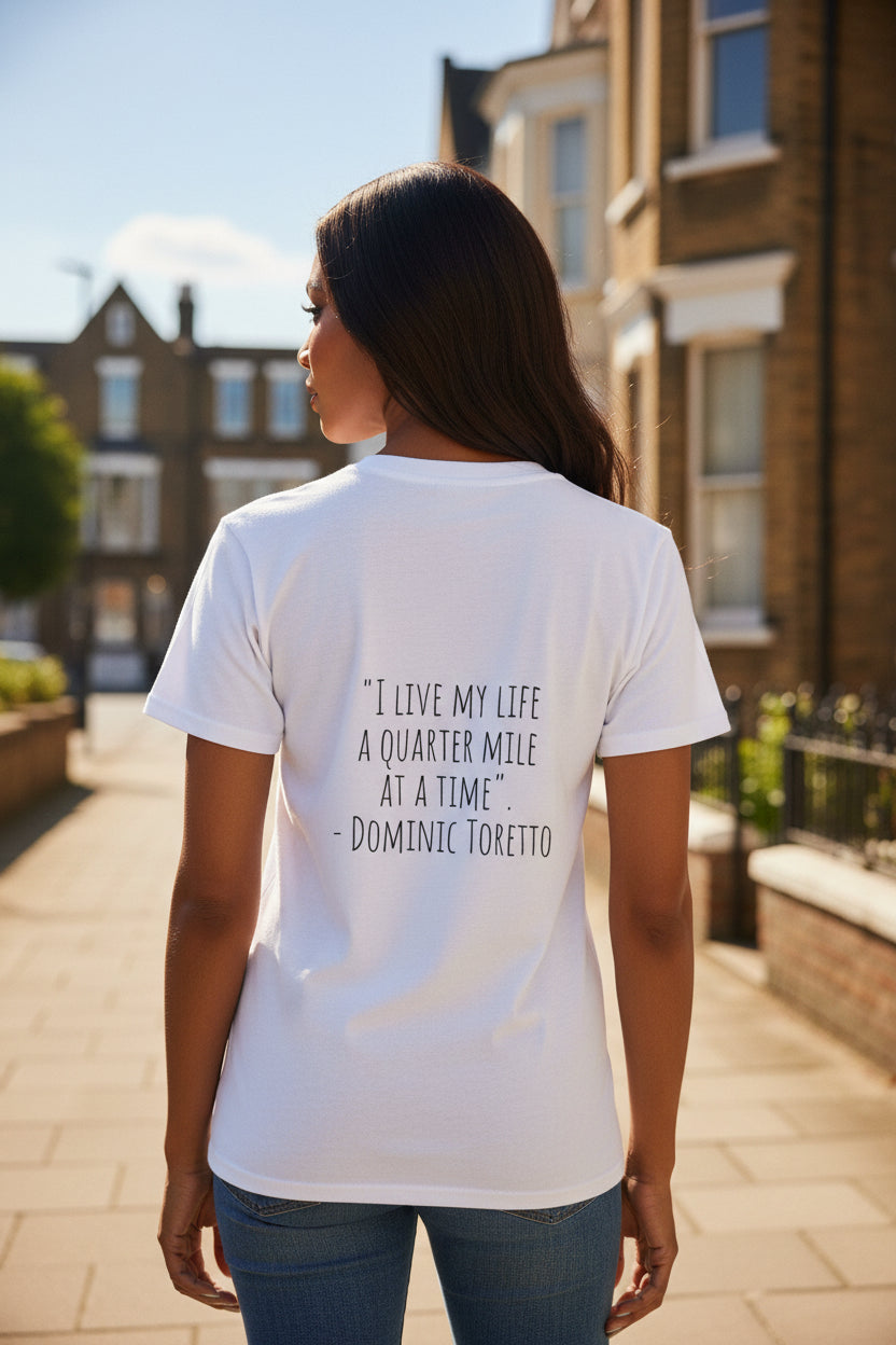 Woman model wearing a Dominic Toretto MILE White T-shirt showing backside - UpNorth SPORTS