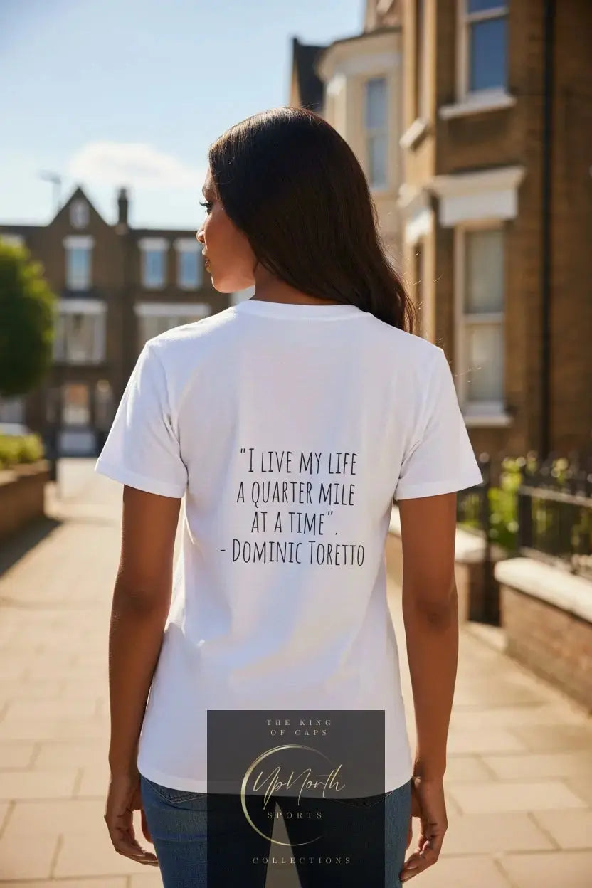 Woman model wearing a Dominic Toretto MILE White T-shirt showing backside - UpNorth SPORTS