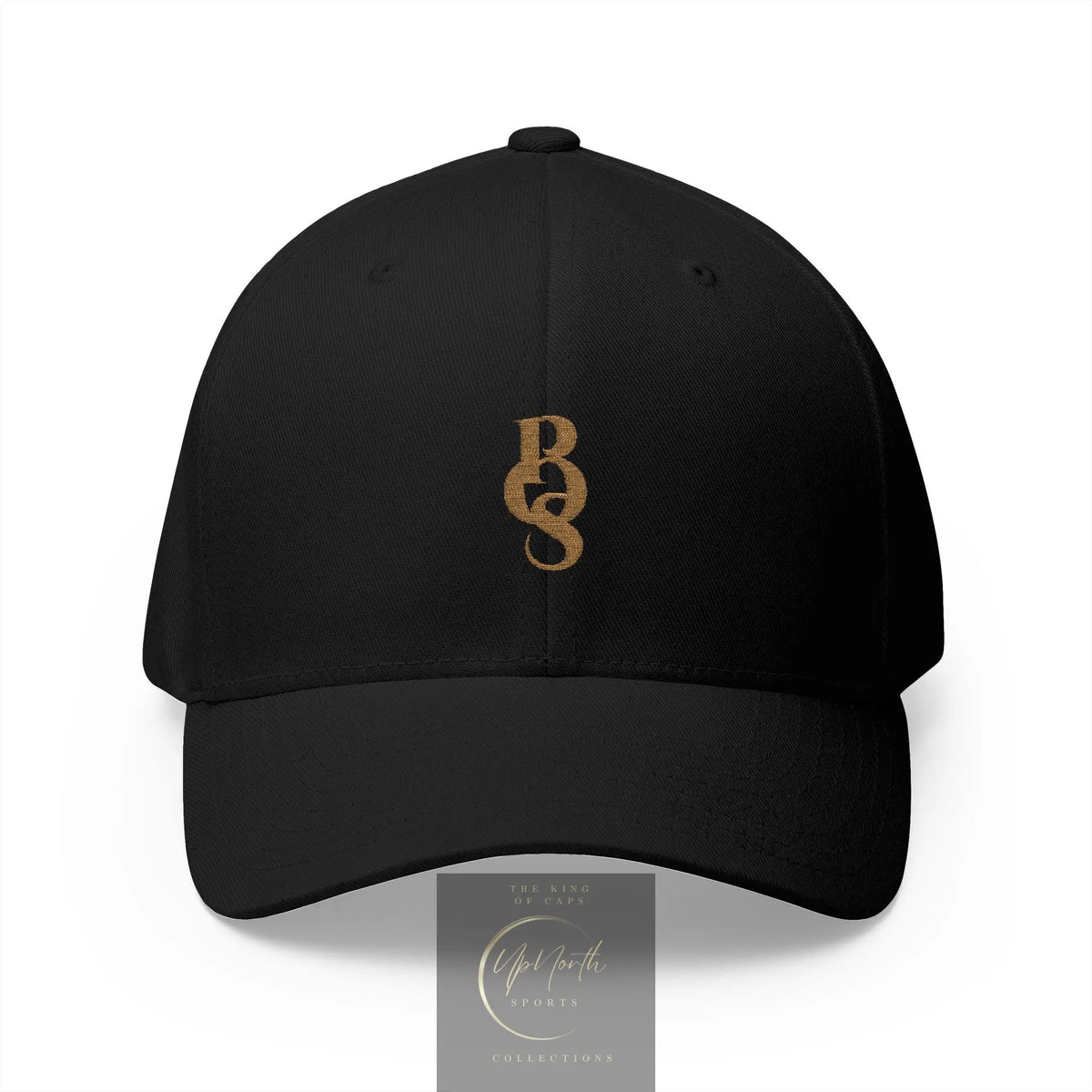 A black baseball cap with a gold embroidered POS monogram logo on the front - Paparazzi Original