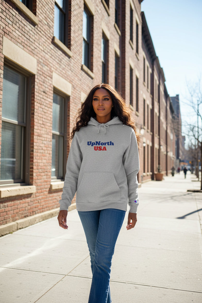 Woman model wearing a Light Steel Hoodie from Champion 4th of July Special Edition - UpNorth SPORTS