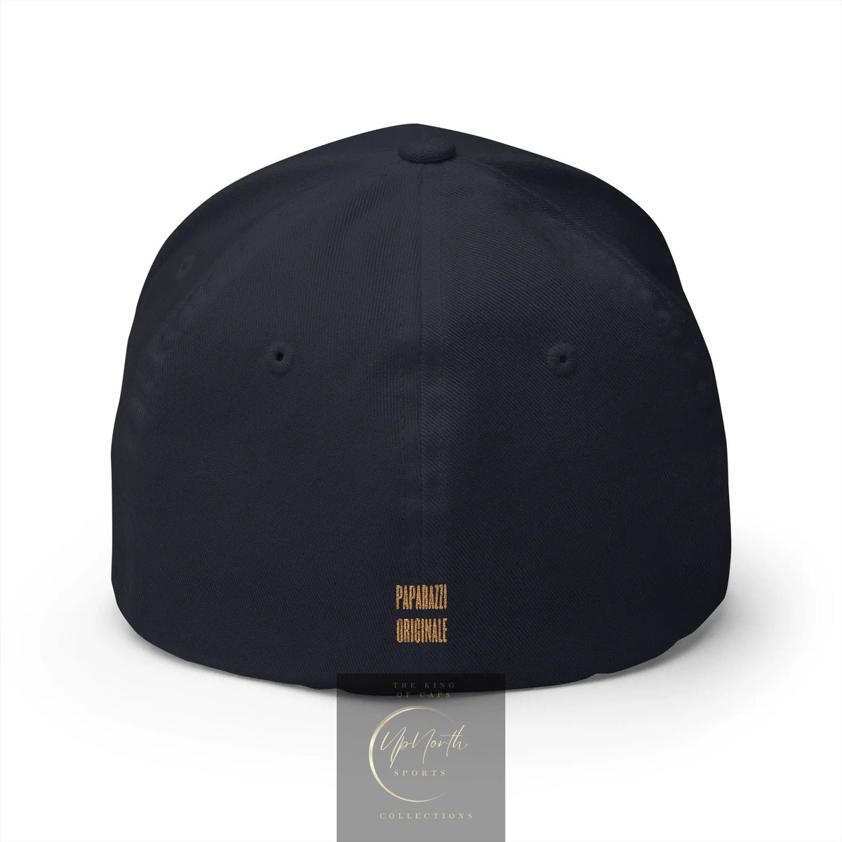 A black structured baseball cap shown from the back featuring a gold embroidered logo 'PAPARAZZI ORIGINALE' set centred lower backside - Paparazzi Original