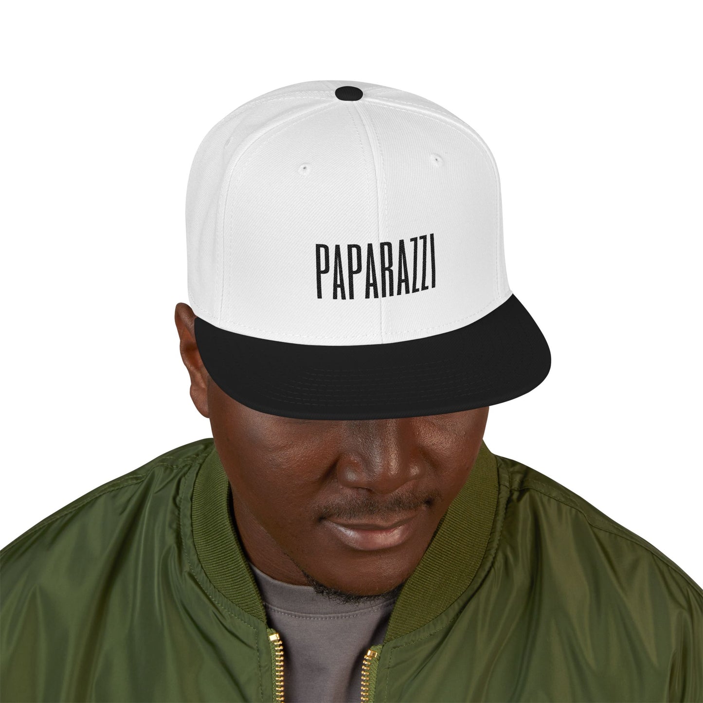 Man model wearing a White Paparazzi Black Flat Visor Cap front - Paparazzi Original