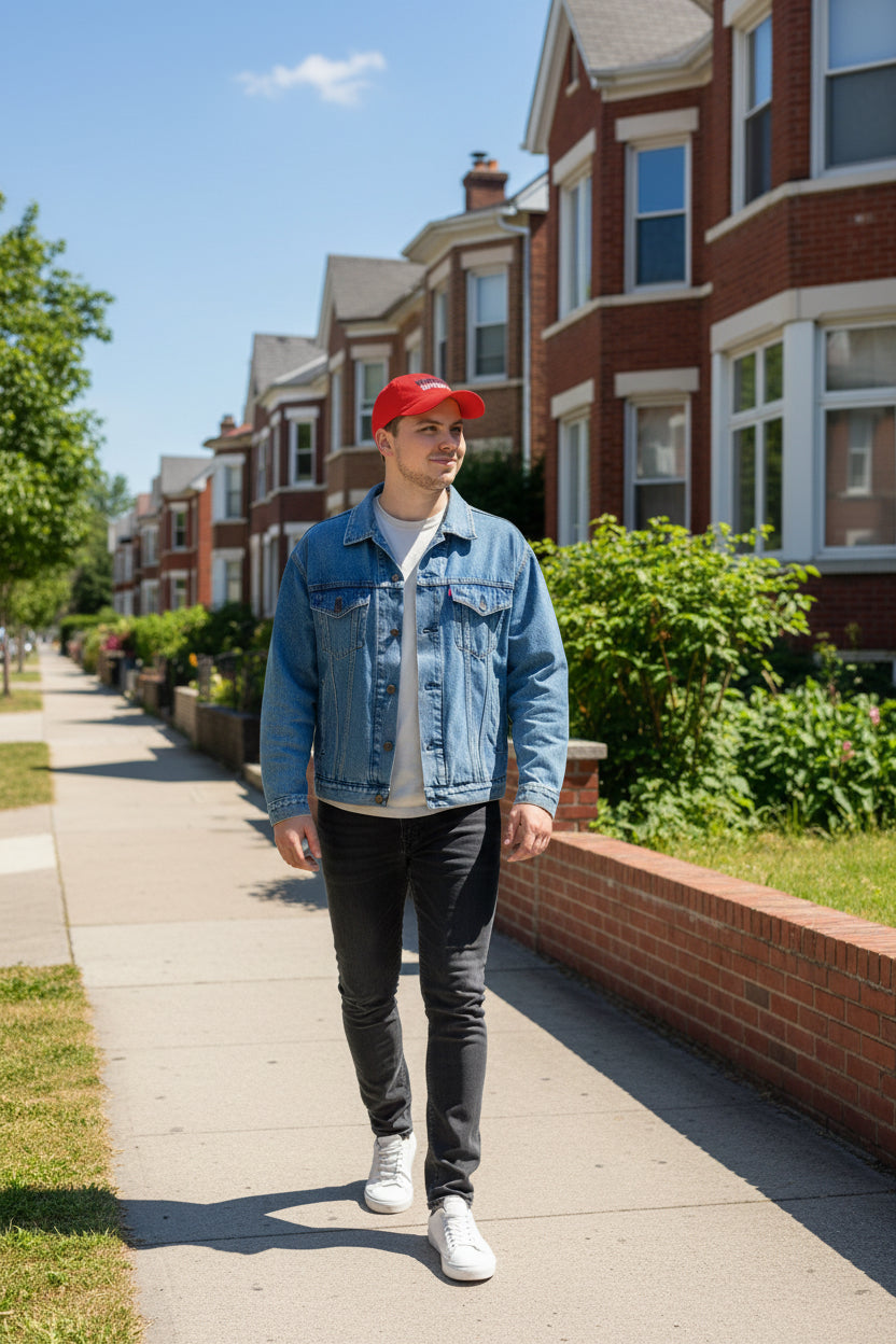 A man wearing the Red UpNorthSPORTS Navy White Baseball Cap - UpNorth SPORTS