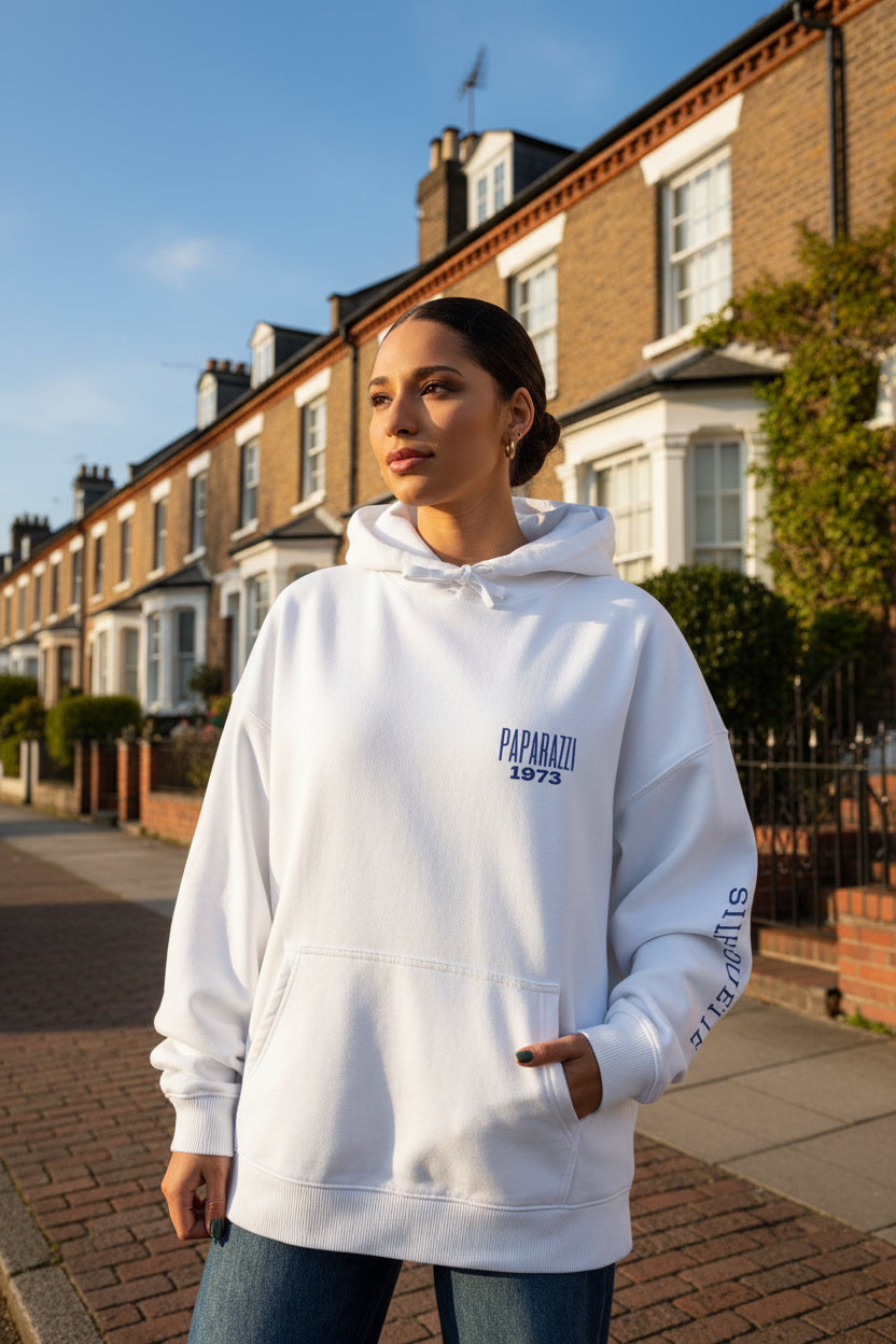 Woman model wearing a White Organic Hoodie Paparazzi Silhouette - Paparazzi Original