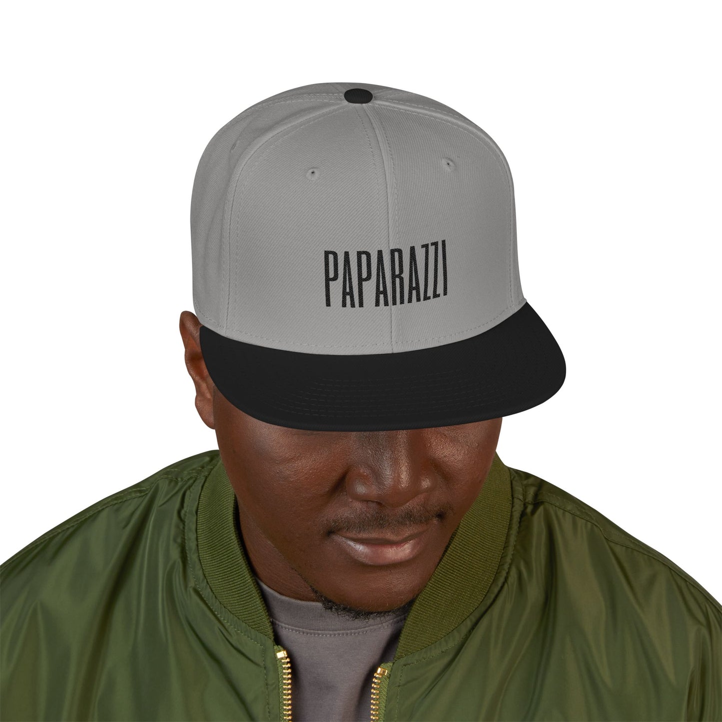 Man model wearing a Grey Paparazzi Black Flat Visor Cap front - Paparazzi Original