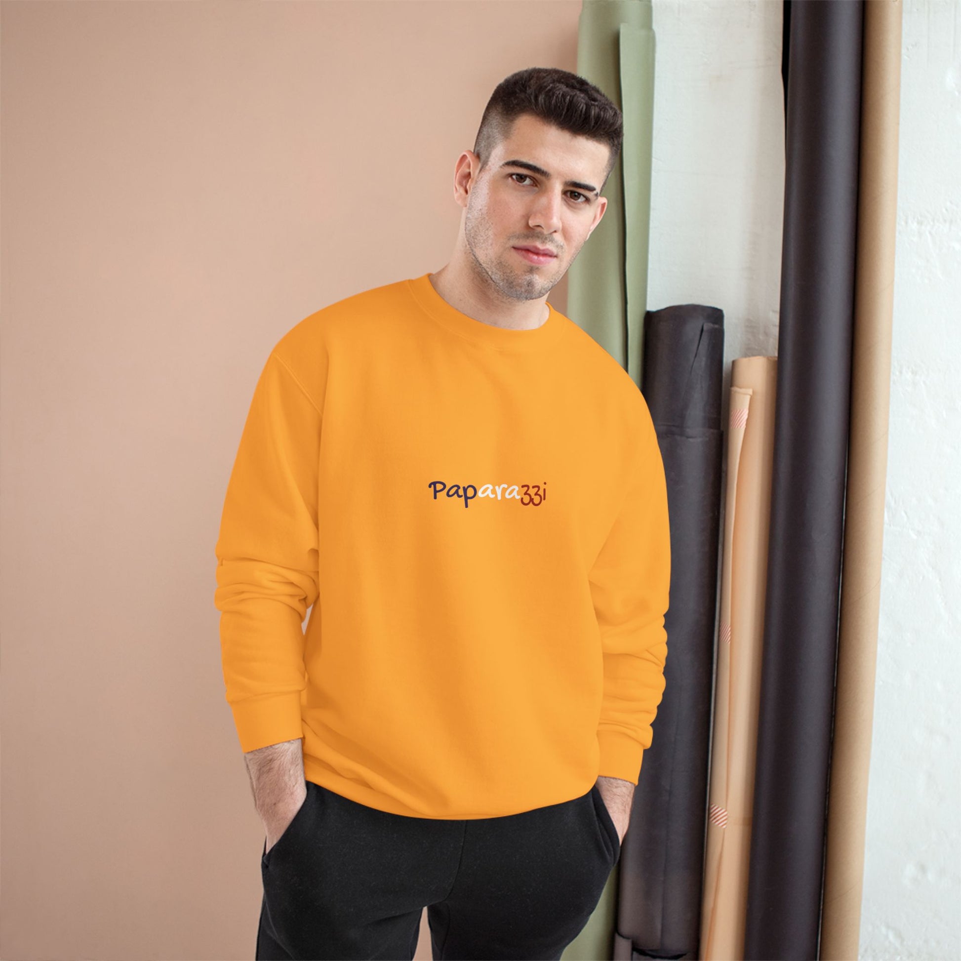 White Royal Gold Paparazzi Champion Sweatshirt Printify