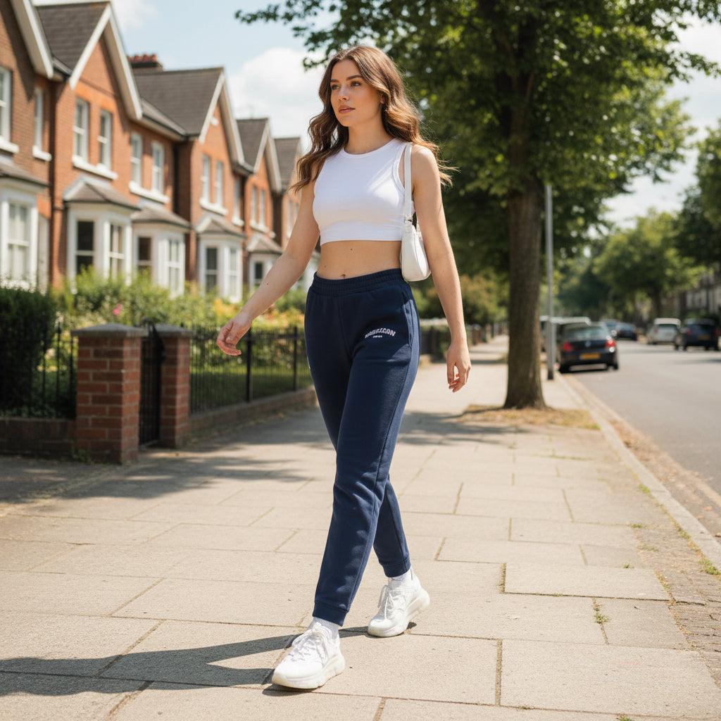 Woman model wearing Adidas Joggers American Edition Navy - UpNorth SPORTS