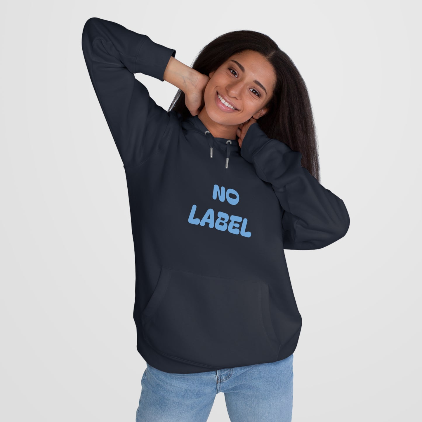 No Label Light Blue on Navy Hoodie Printify