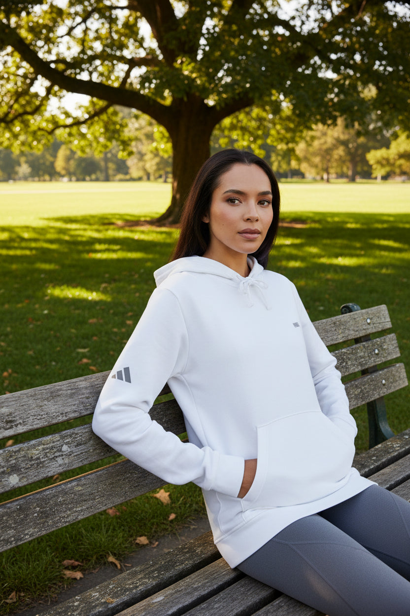 Woman model wearing a White Premium Paparazzi Silhouette Adidas Hoodie - Paparazzi Original