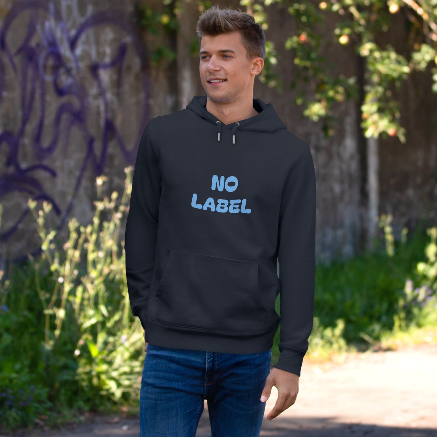 No Label Light Blue on Navy Hoodie Printify