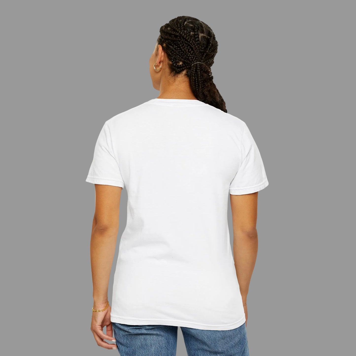 A woman model showing backside of a Black on White Unisex T-shirt showing backside - UpNorth SPORTS