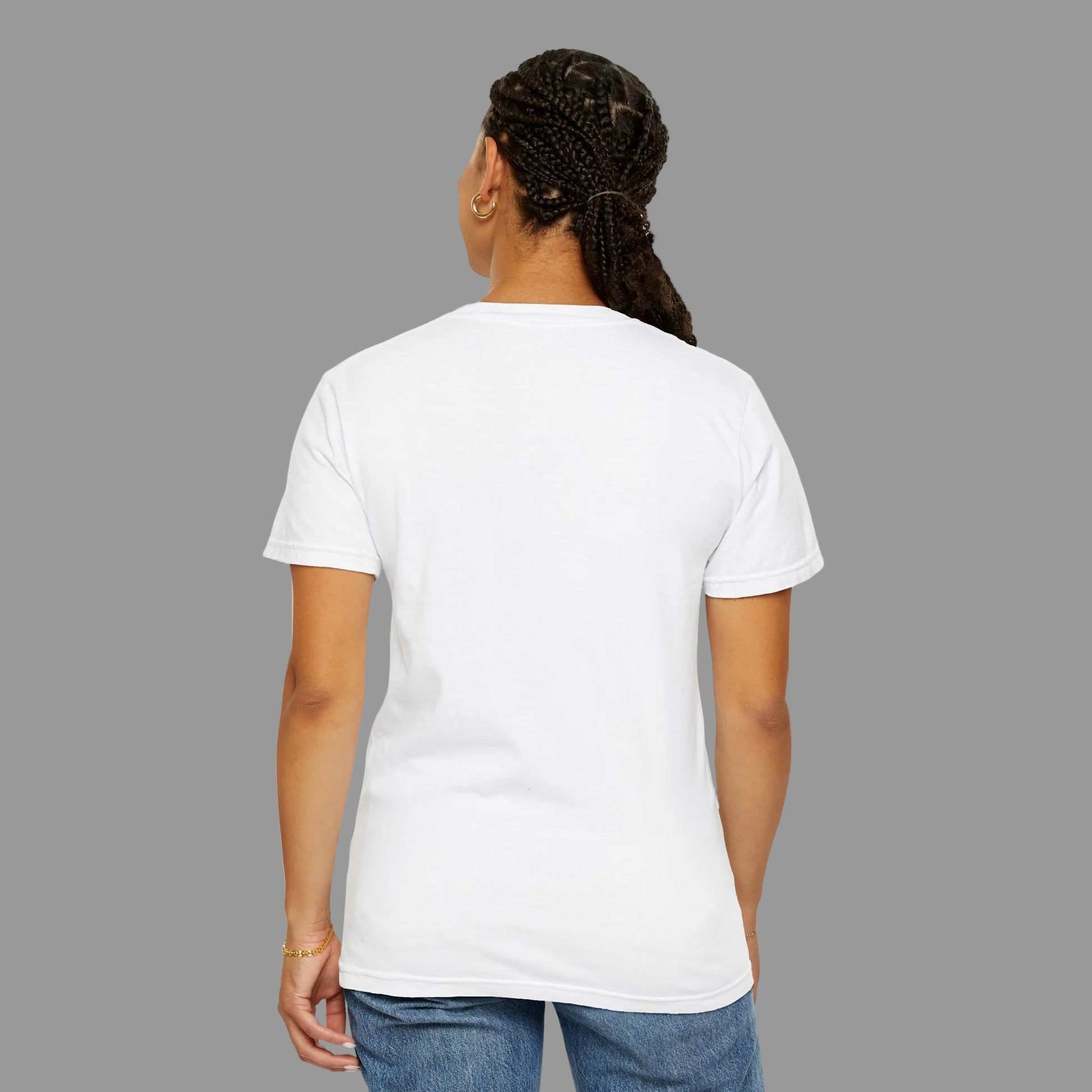 A woman model showing backside of a Black on White Unisex T-shirt showing backside - UpNorth SPORTS