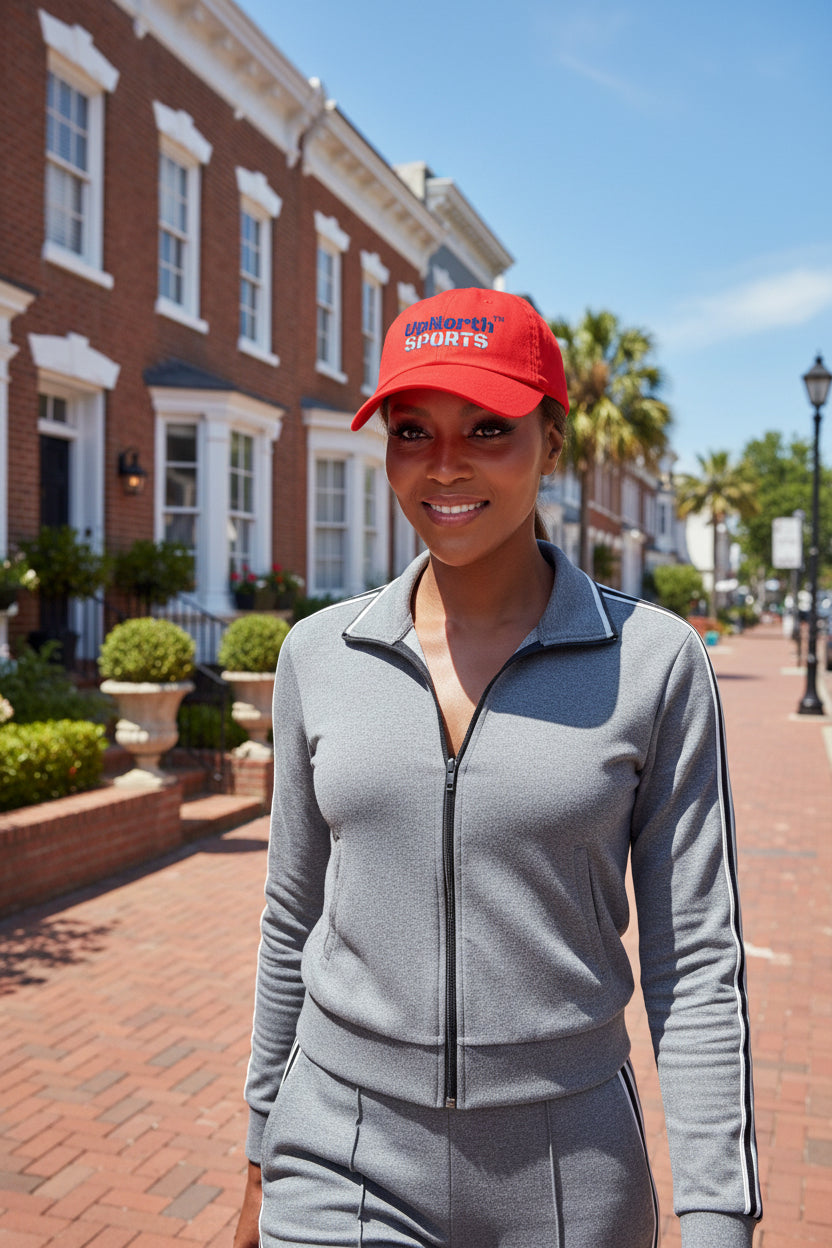 A woman wearing the Red UpNorthSPORTS Navy White Baseball Cap - UpNorth SPORTS