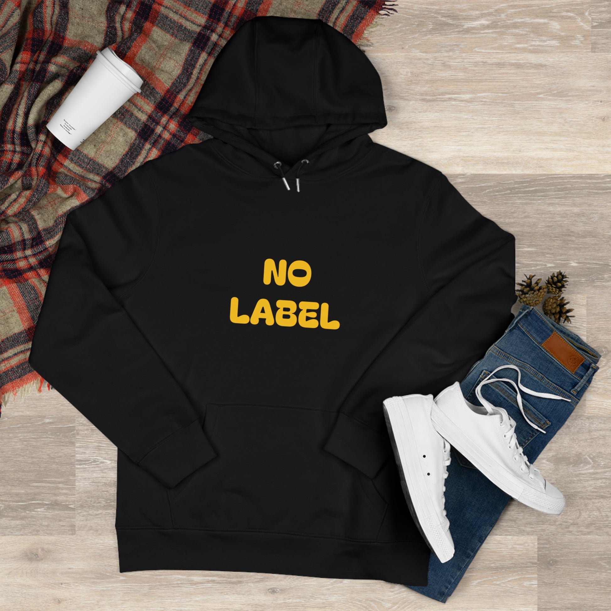 No Label Yellow on Pure Black Hoodie Printify