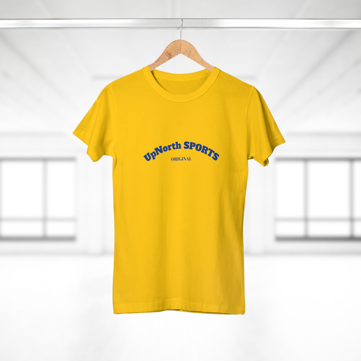 On a hanger the Gold Navy Women T-Shirt front - UpNorth SPORTS