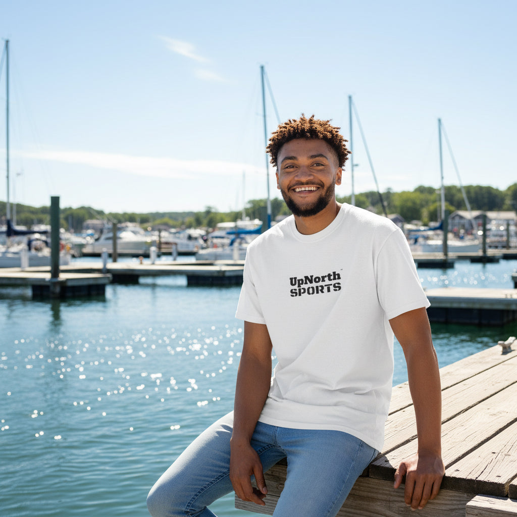 Male model wearing a Black on White Unisex T-shirt - UpNorth SPORTS