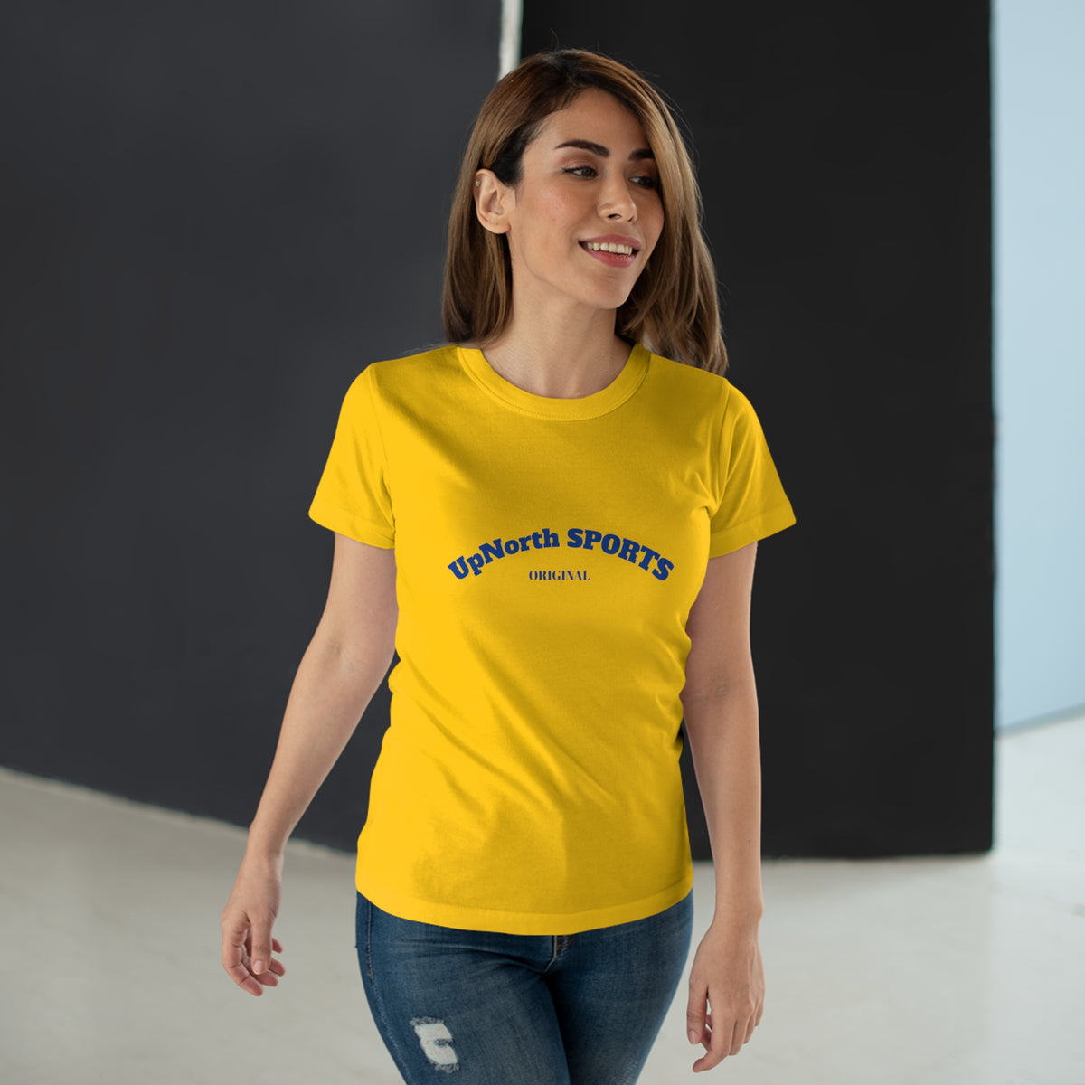 Female model wearing a Gold Navy Women T-Shirt showing front - UpNorth SPORTS