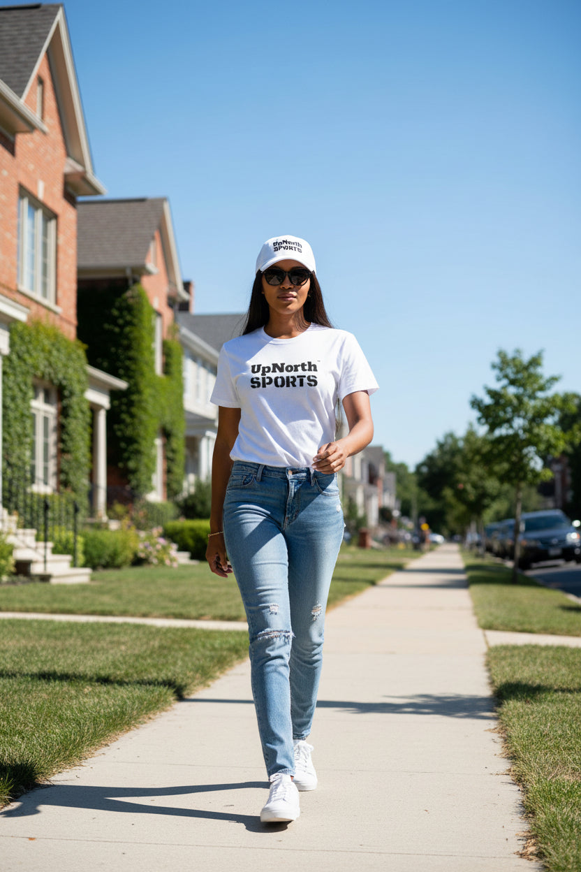 Woman model wearing a Black on White Unisex T-shirt - UpNorth SPORTS