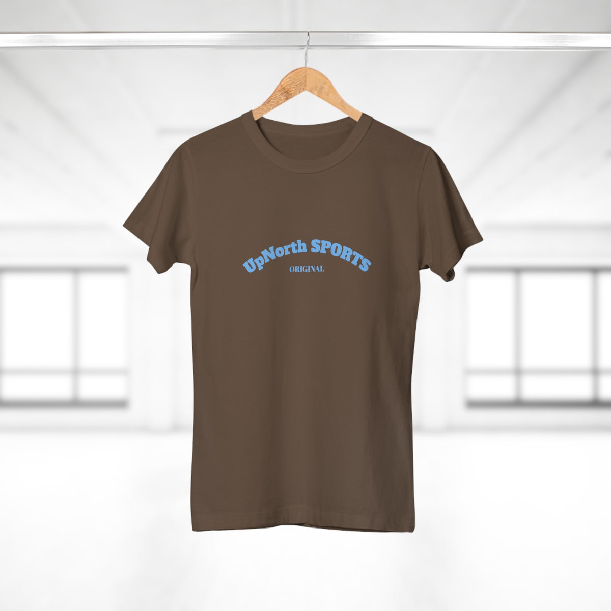 On a hanger the Women T-Shirt chocolate with light blue front - UpNorth SPORTS