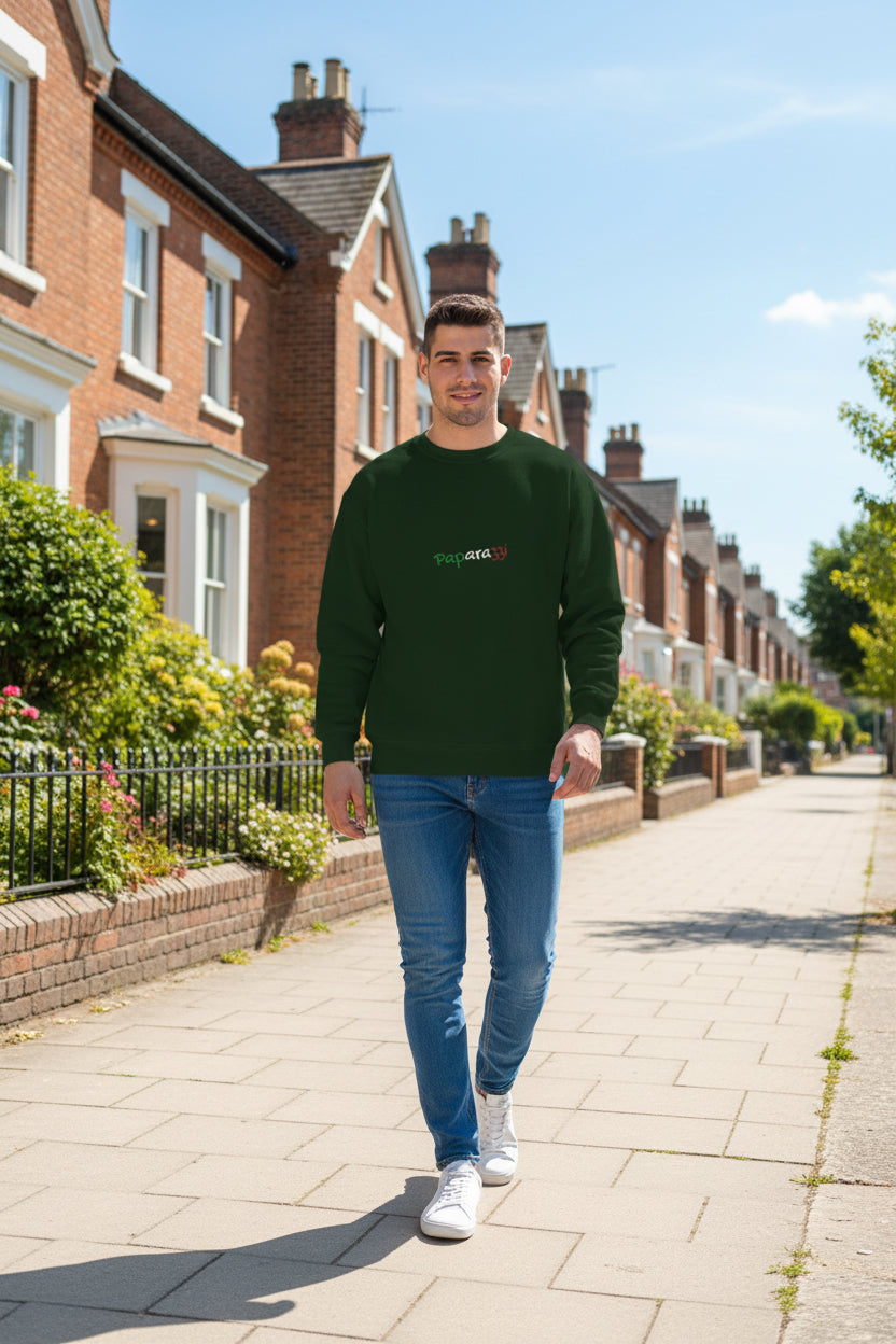 Male model wearing a Dark Green Multicolor Tricolore Paparazzi Champion Sweatshirt - Paparazzi Original