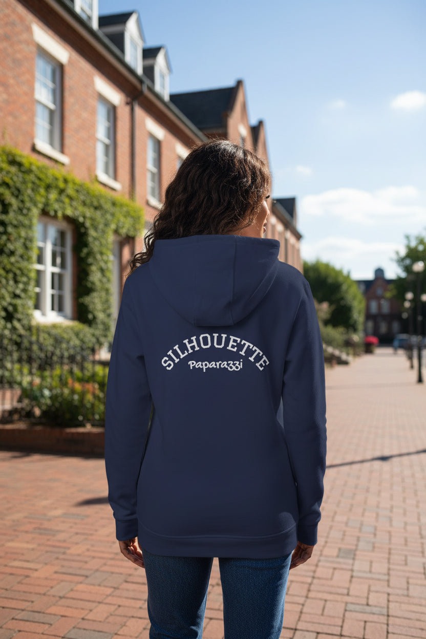 Woman model showing backside of a Collegiate Navy Premium Paparazzi Silhouette Adidas Hoodie - Paparazzi Original