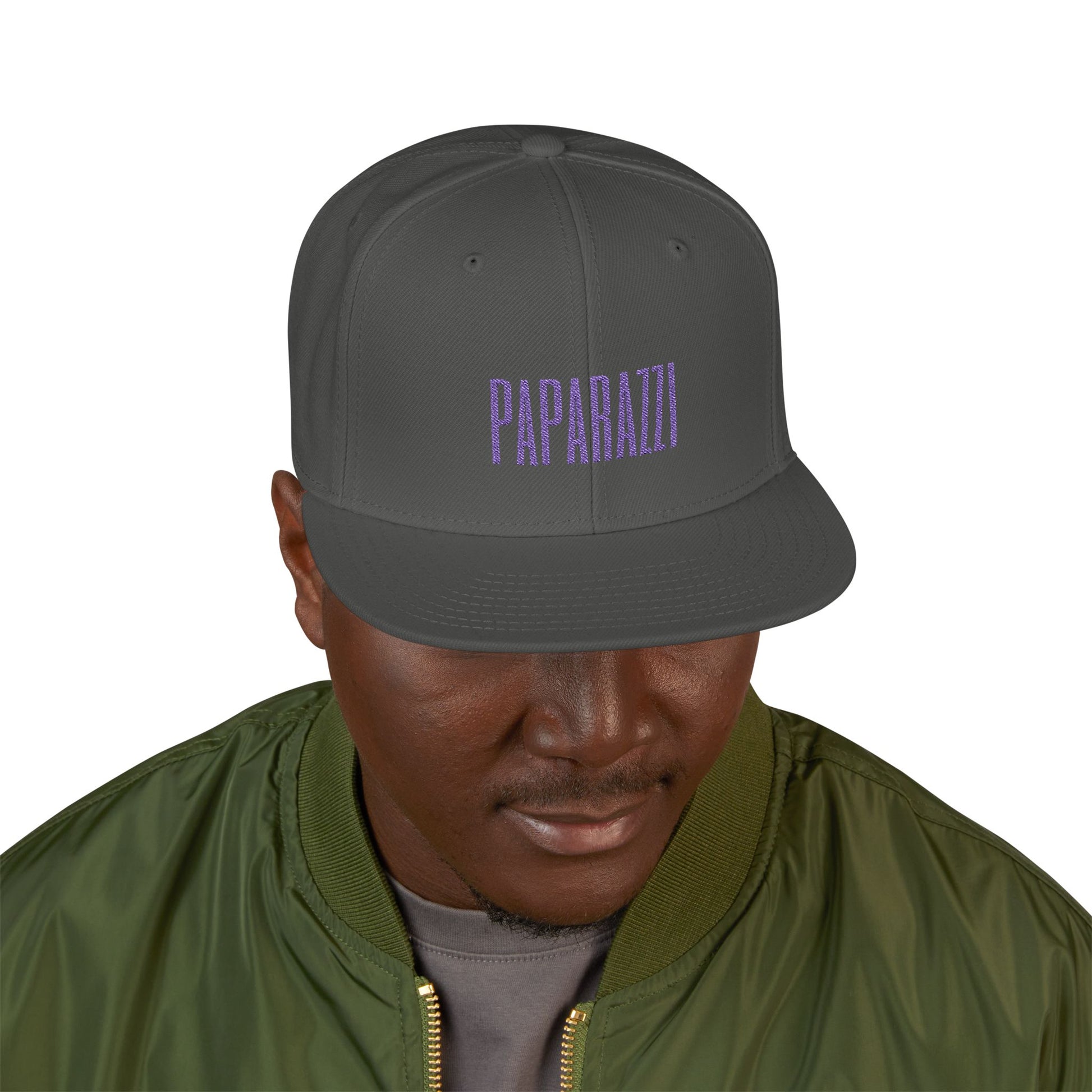 Man model wearing a Charcoal Gray Paparazzi Purple Flat Visor Cap front - Paparazzi Original