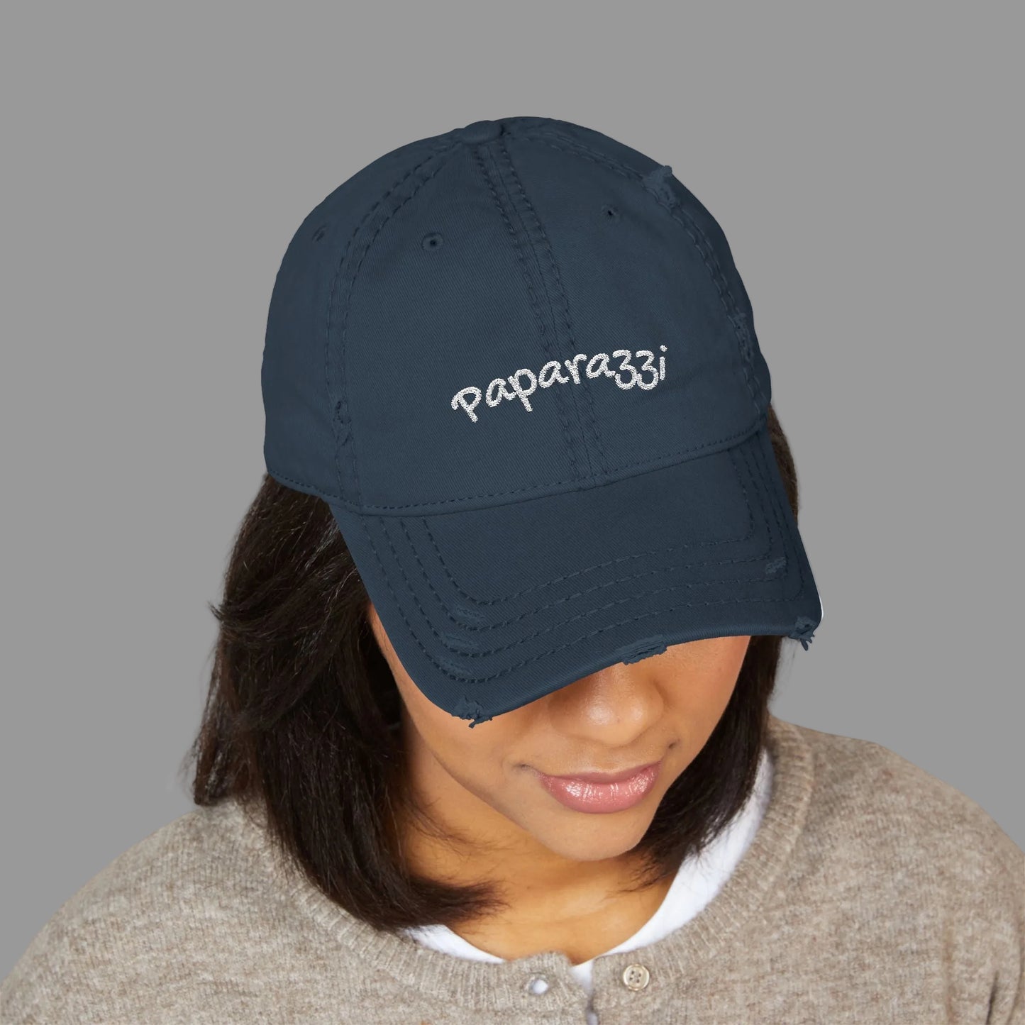 Distressed Baseball Cap Paparazzi Embroidery dark navy with white
