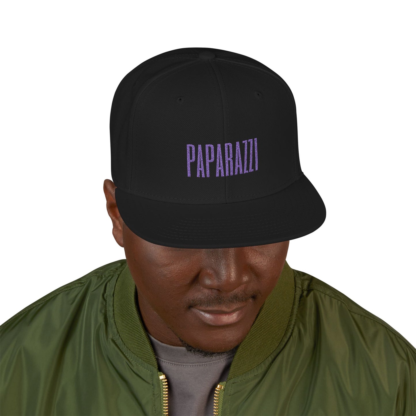 Man model wearing a Black Paparazzi Purple Flat Visor Cap front - Paparazzi Original