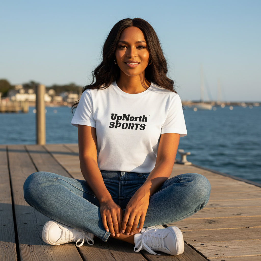Woman model wearing a Black on White Unisex T-shirt - UpNorth SPORTS