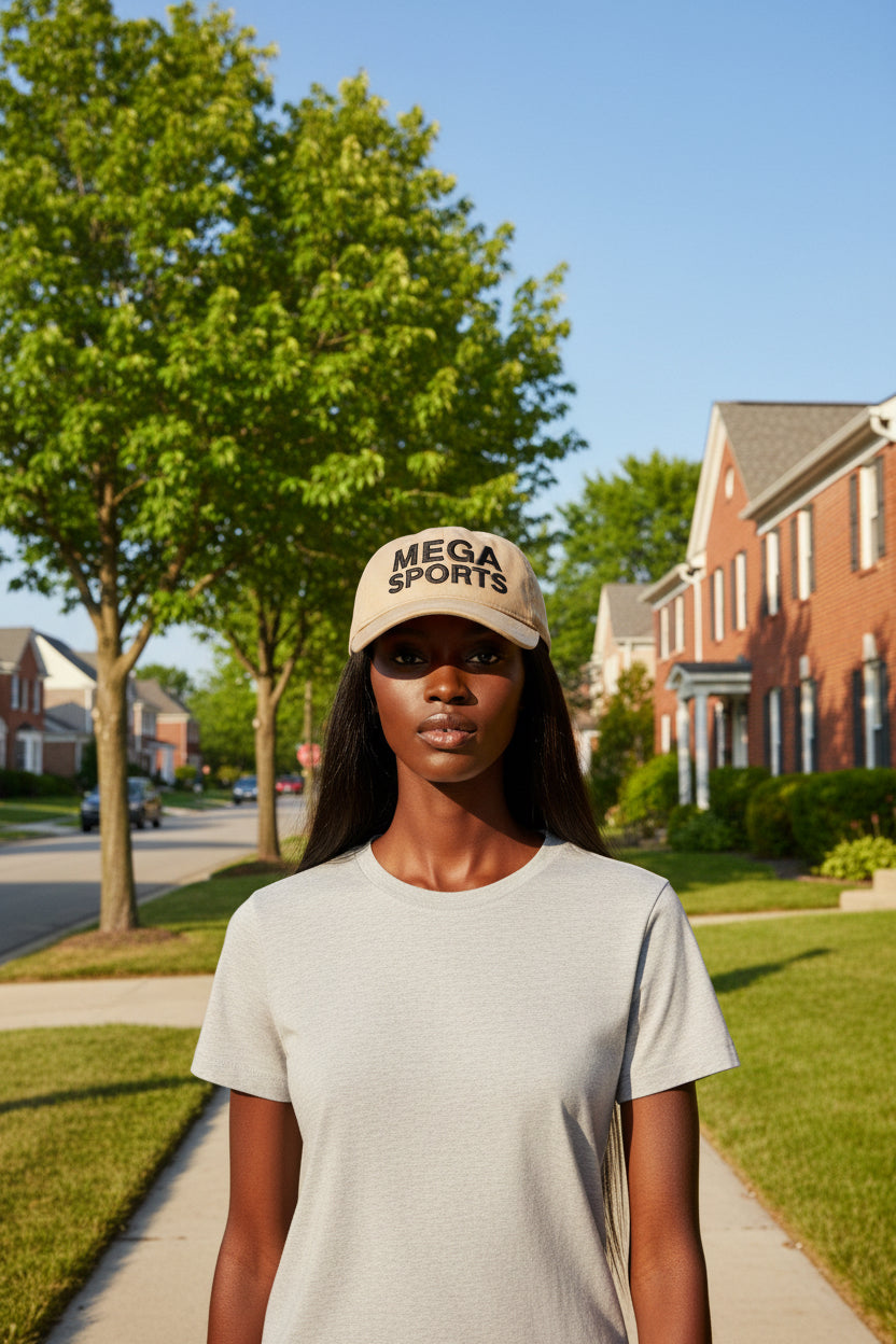 Woman wearing Khaki MEGA Sports Black Baseball Cap - UpNorth SPORTS