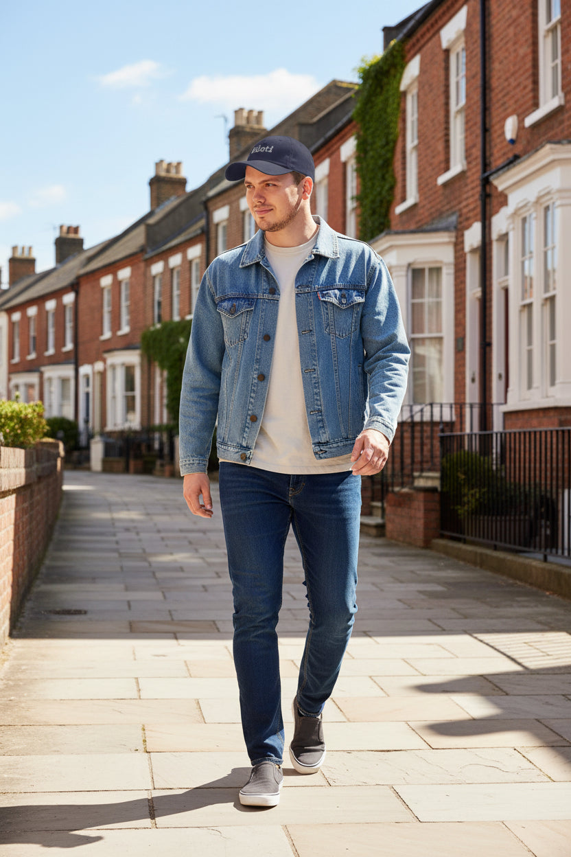 Man wearing the Navy Piloti Baseball Cap Embroidered with Grey  - UpNorth SPORTS