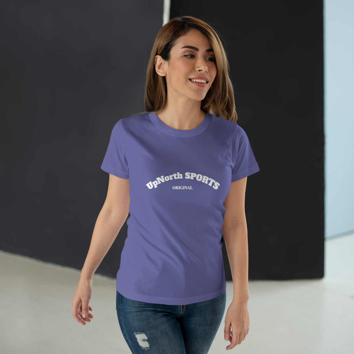 Female model wearing a Millennial Lilac White Women T-Shirt showing front - UpNorth SPORTS