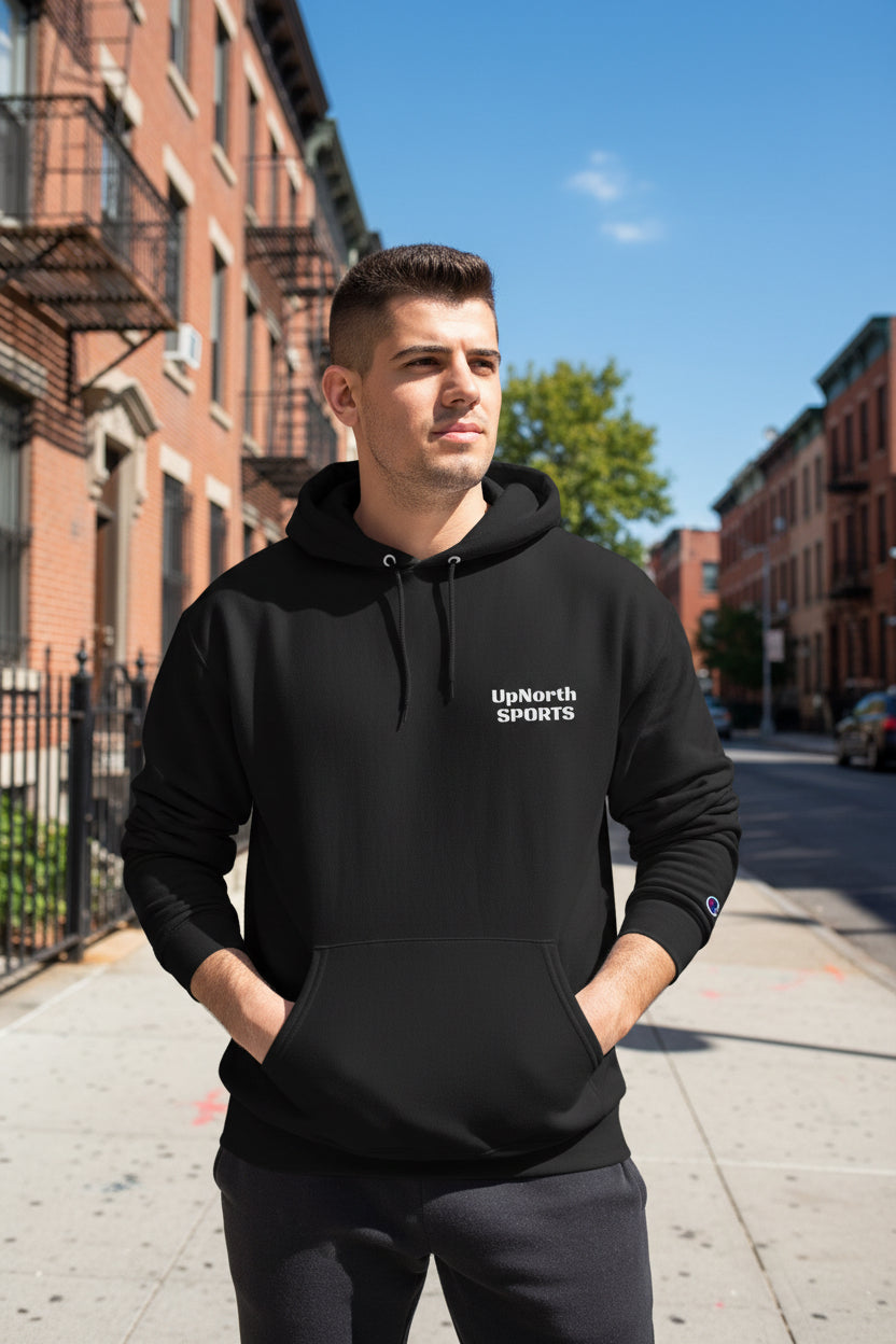 Male model wearing a Black UpNorth SPORTS White Logo Champion Hoodie - UpNorth SPORTS
