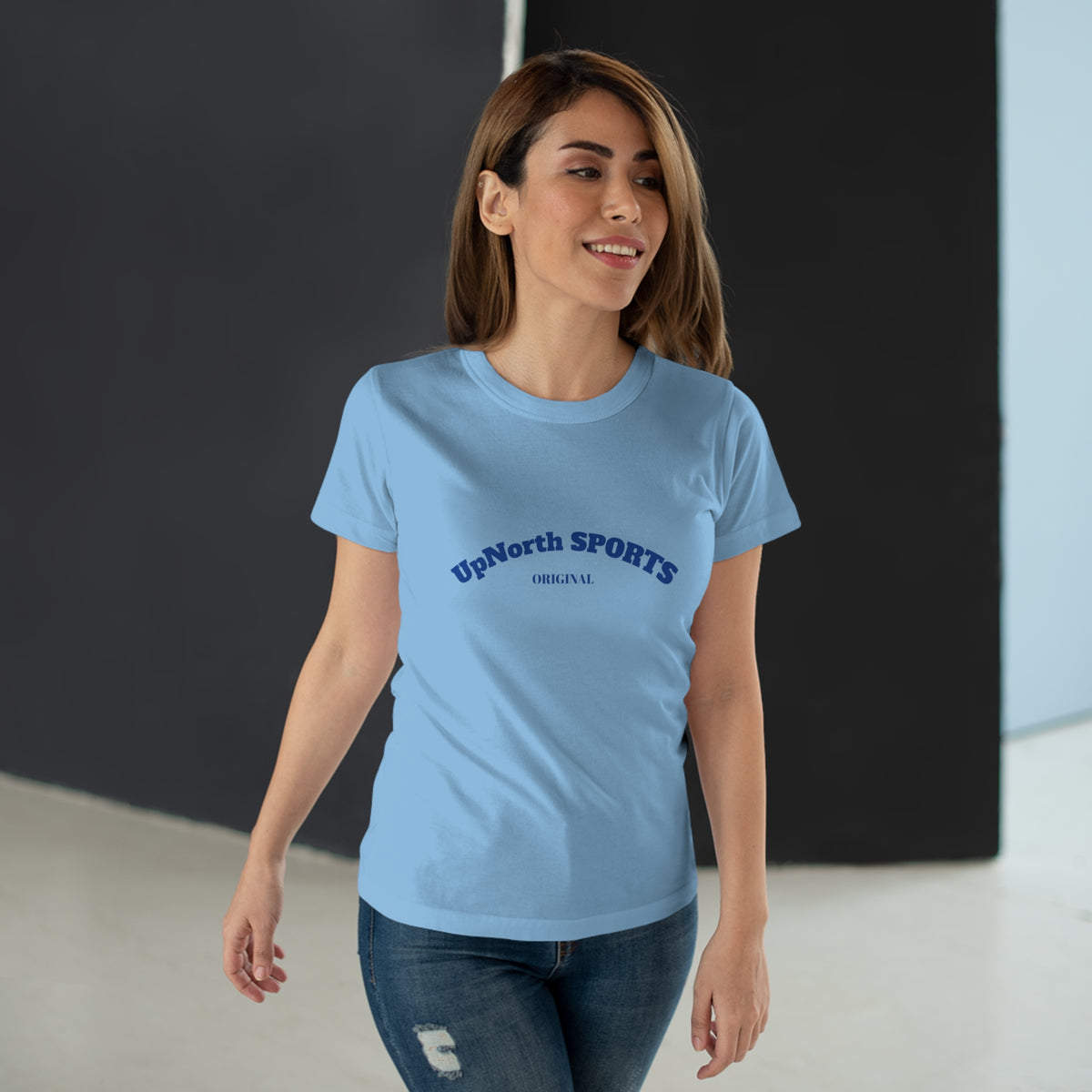Female model wearing a Women T-Shirt skyblue with navy showing front - UpNorth SPORTS