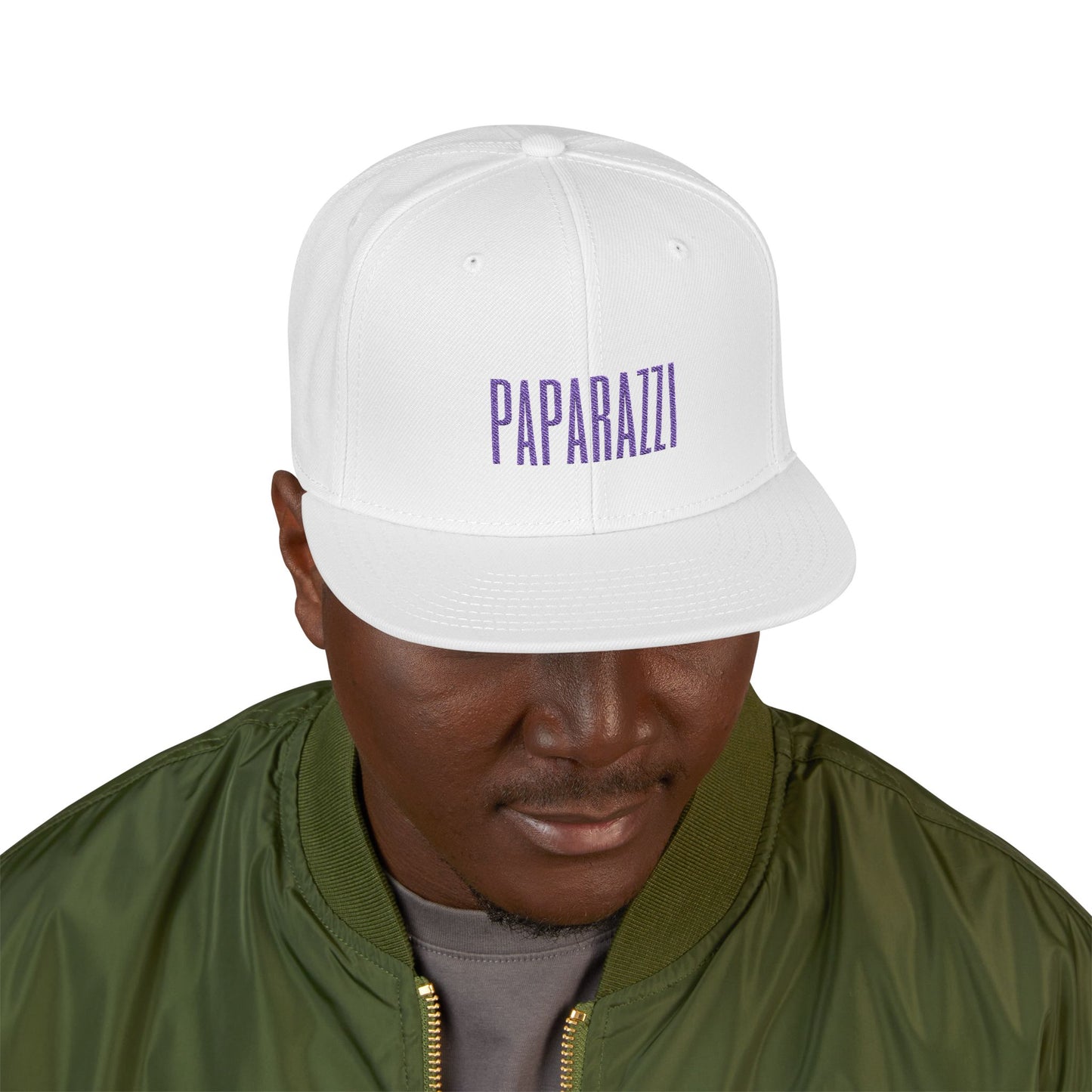 Man model wearing a White Paparazzi Purple Flat Visor Cap front - Paparazzi Original