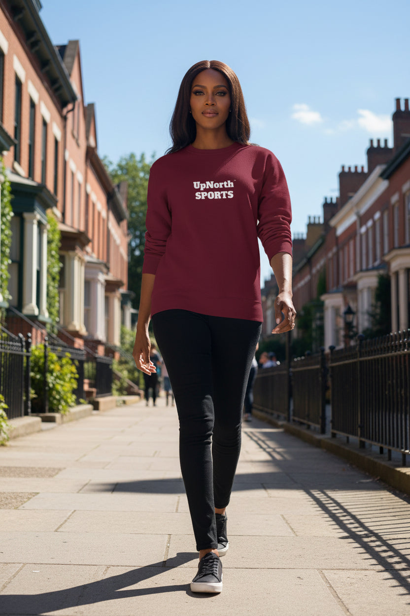 Woman model wearing a Maroon Multicolor UpNorth SPORTS Champion Sweatshirt - UpNorth SPORTS