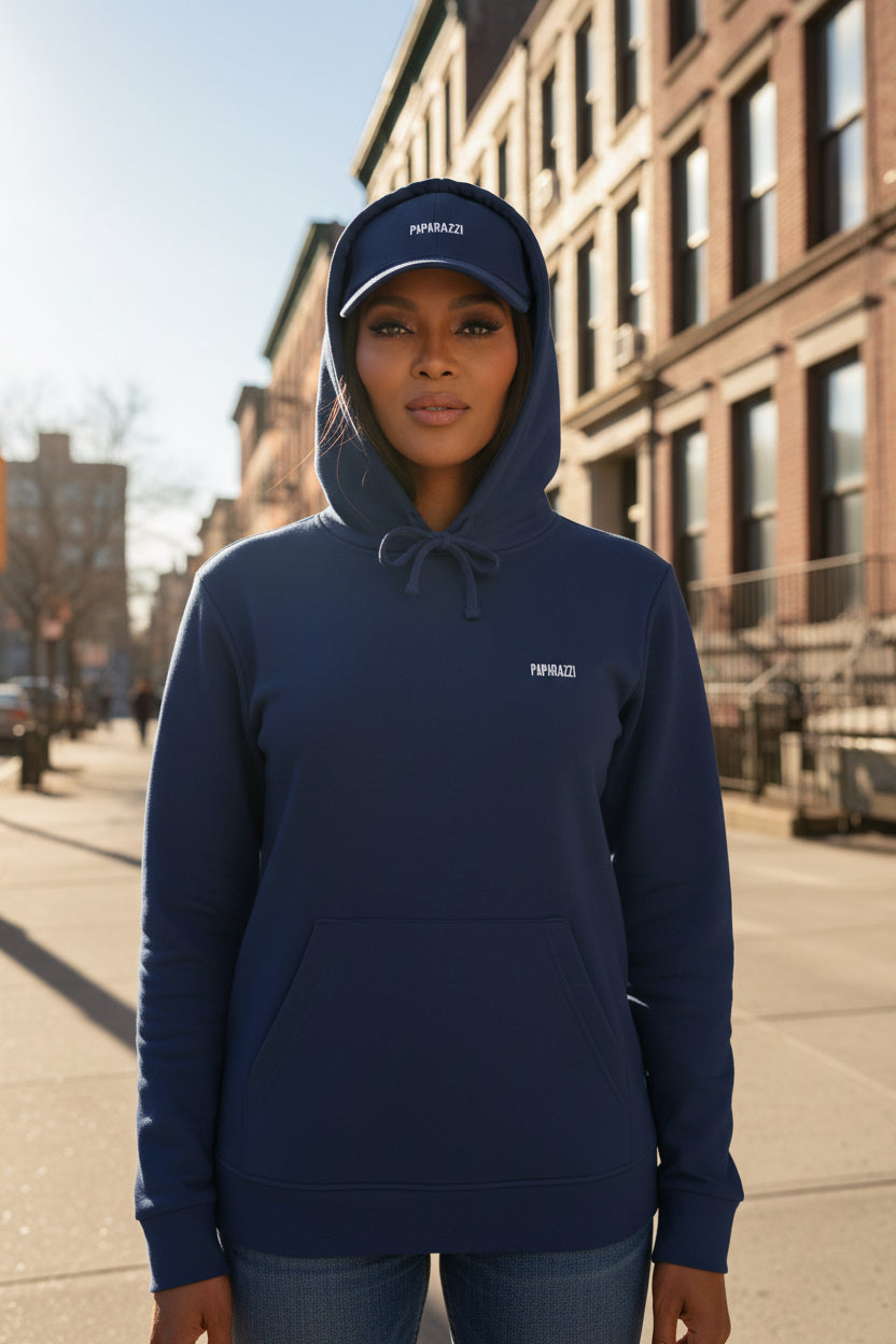 Woman model wearing a Collegiate Navy Premium Paparazzi Silhouette Adidas Hoodie - Paparazzi Original