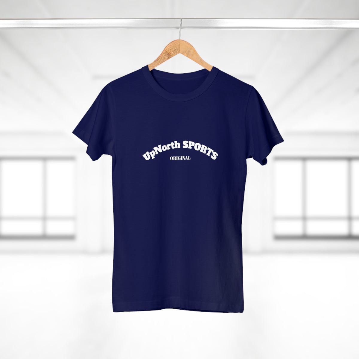 On a hanger the Navy White Women T-Shirt front - UpNorth SPORTS