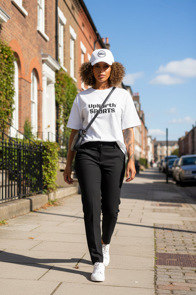 Woman model wearing a UpNorthSPORTS White Champion T-Shirt - UpNorth SPORTS