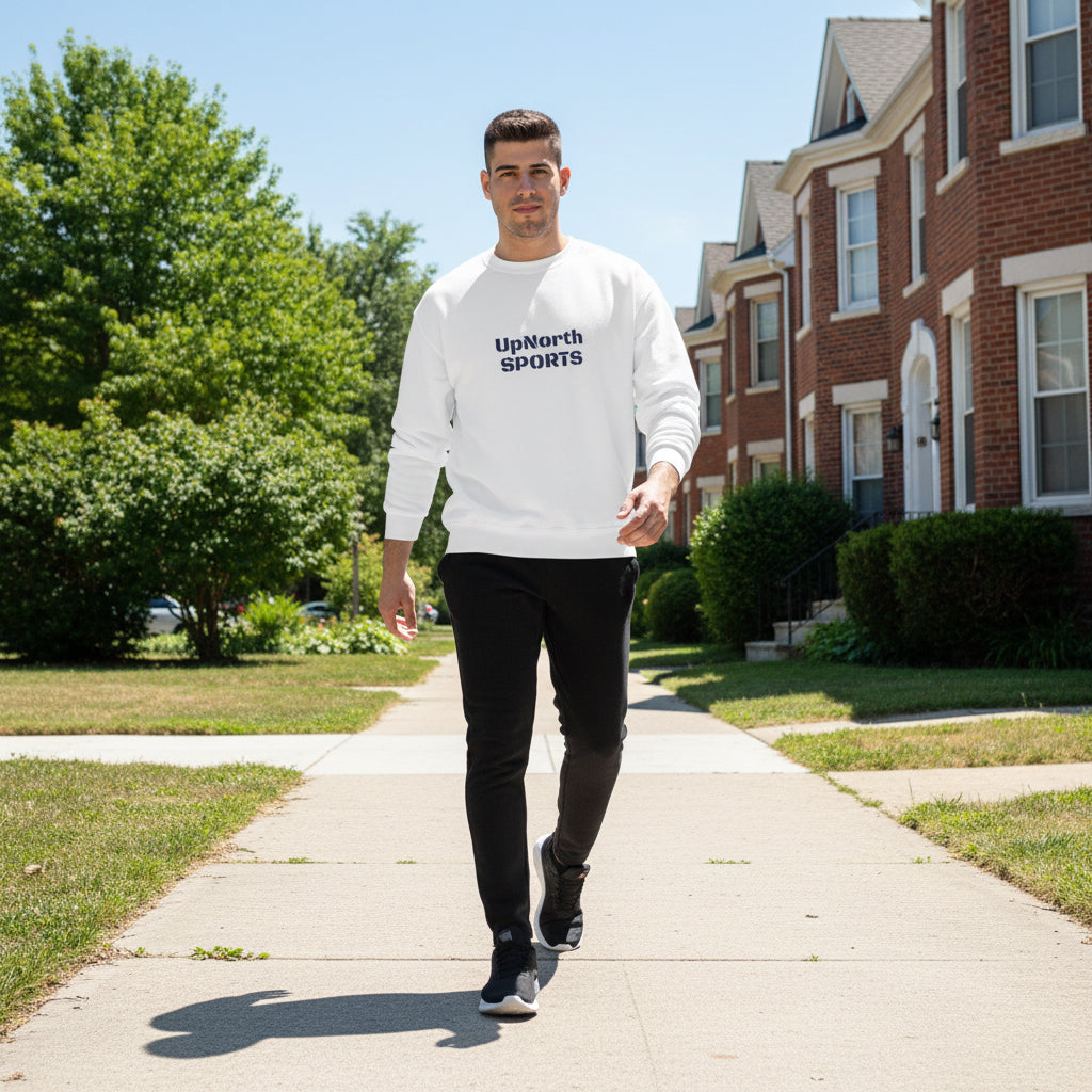 Man wearing the Multiple Choice UpNorth SPORTS Champion Sweatshirt here in white
