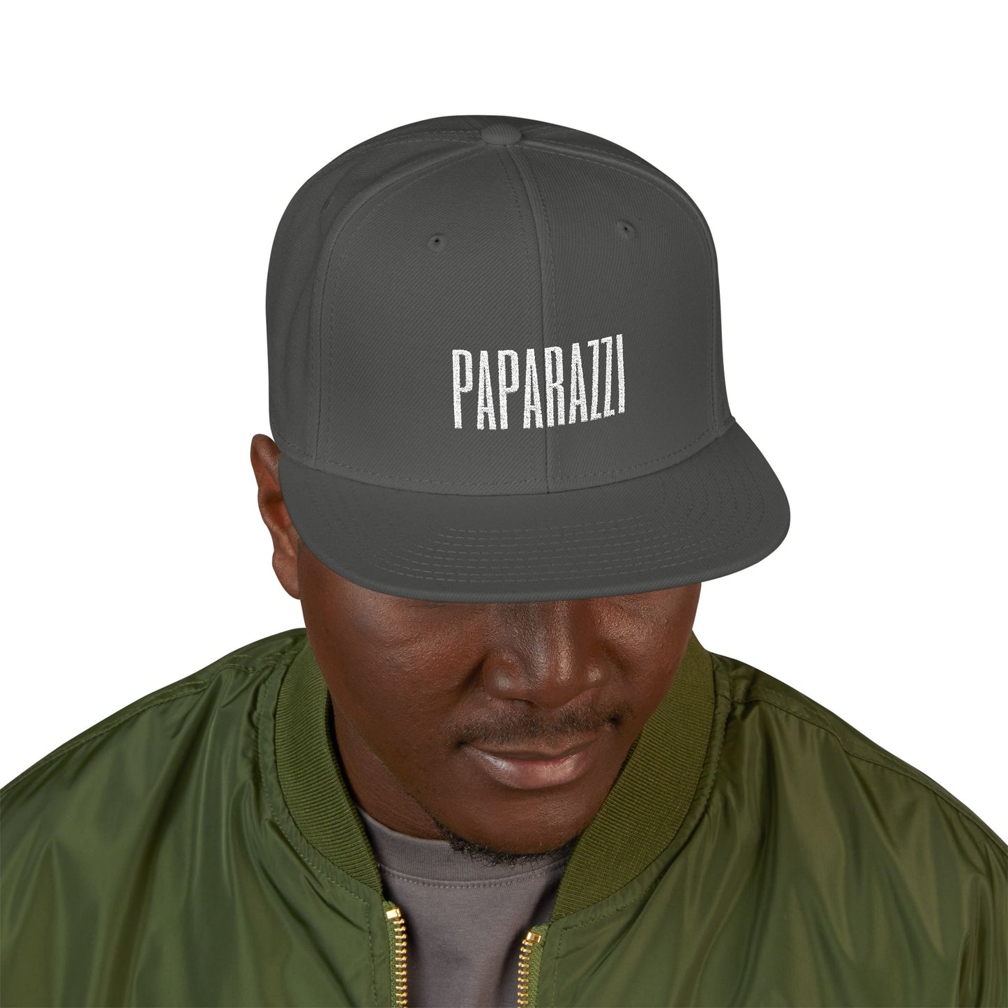 Man model wearing a Charcoal Gray Paparazzi White Flat Visor Cap front - Paparazzi Original