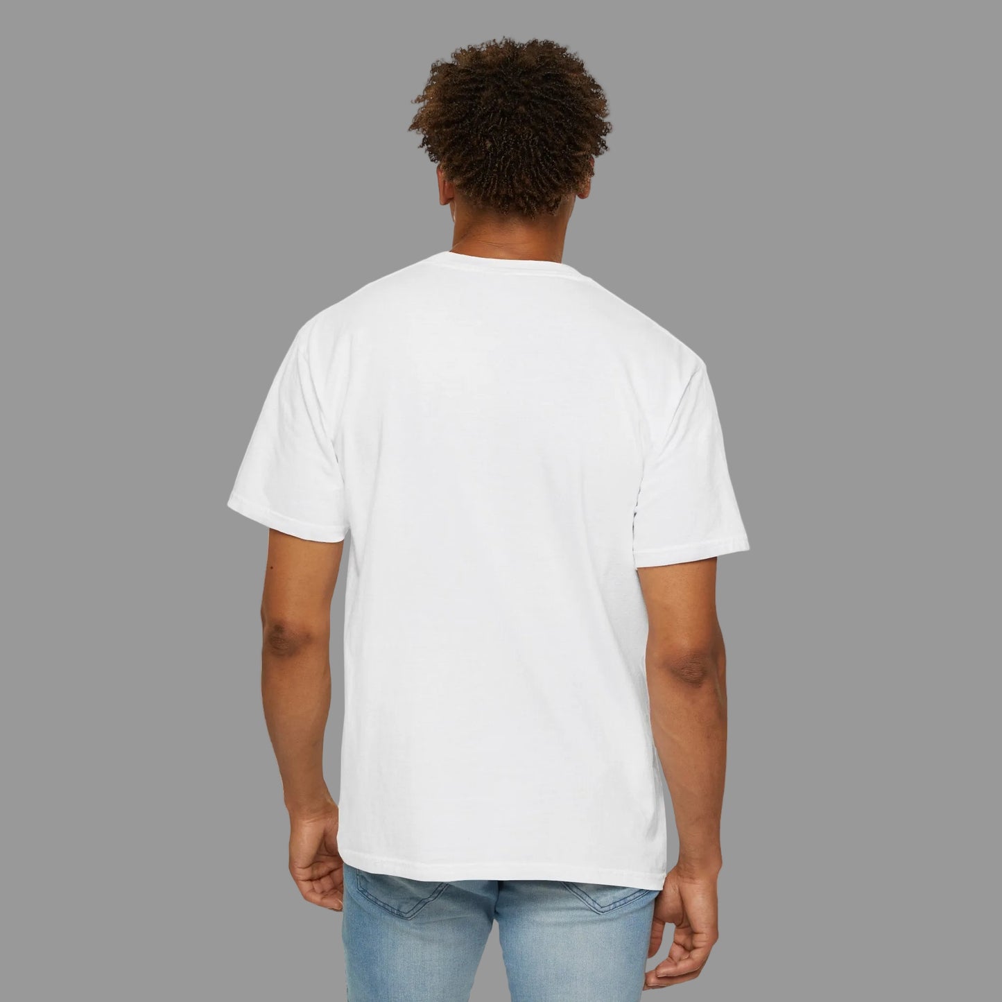 Male model showing the backside of  a Black on White Unisex T-shirt showing backside - UpNorth SPORTS
