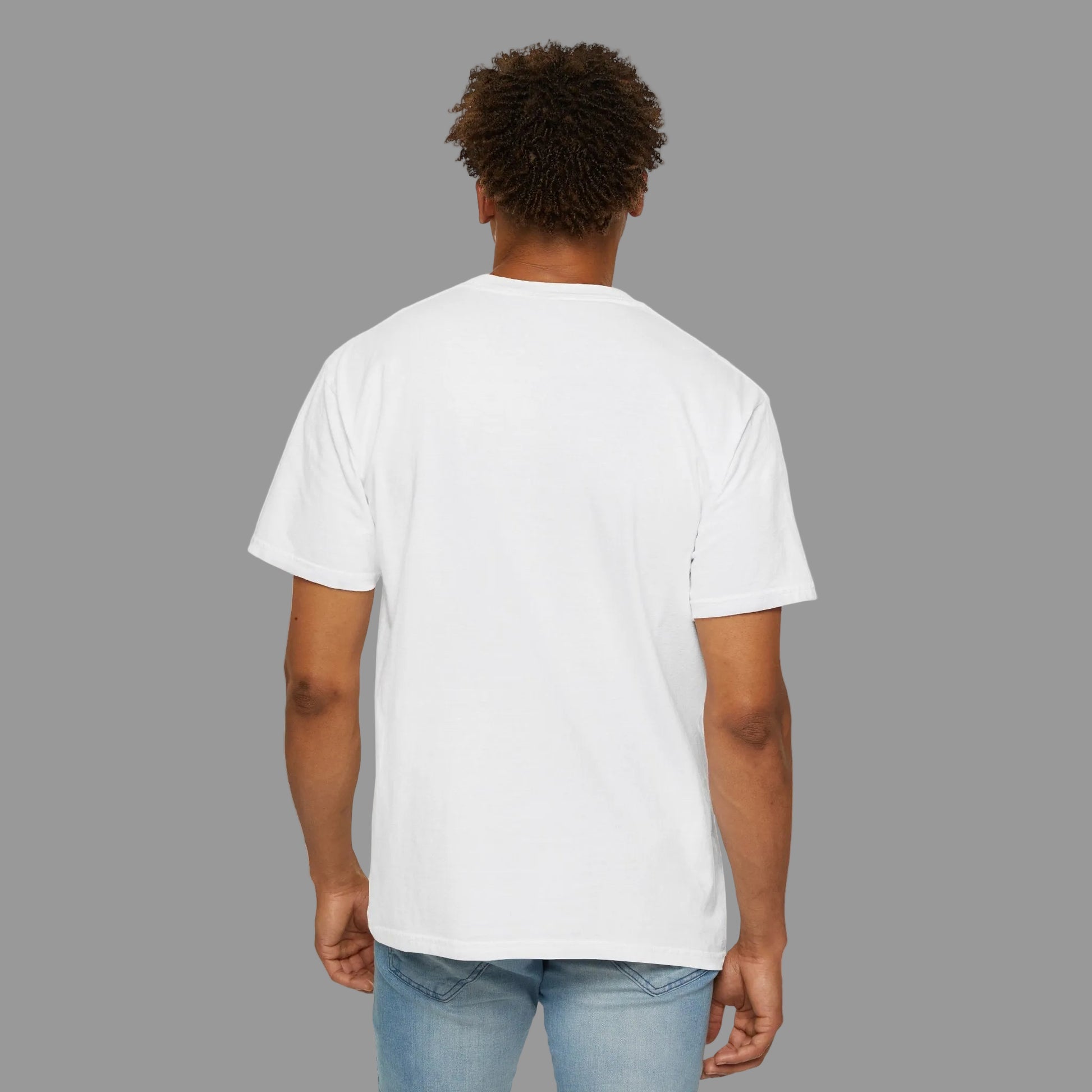 Male model showing the backside of  a Black on White Unisex T-shirt showing backside - UpNorth SPORTS